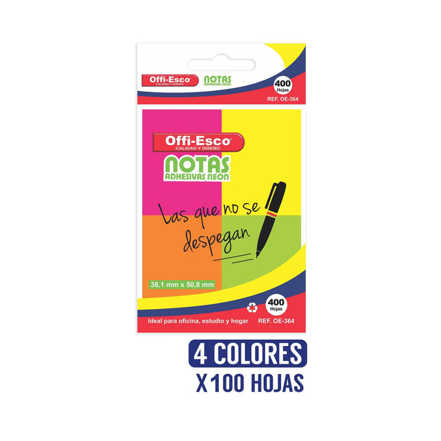 Notas adhesivas neón x4 38x50mm PQ x 400 hojas