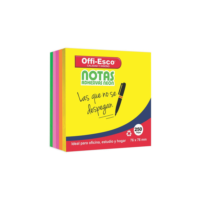 Taco notas adhesivas x 250 hojas Colores neón 76×76 mm