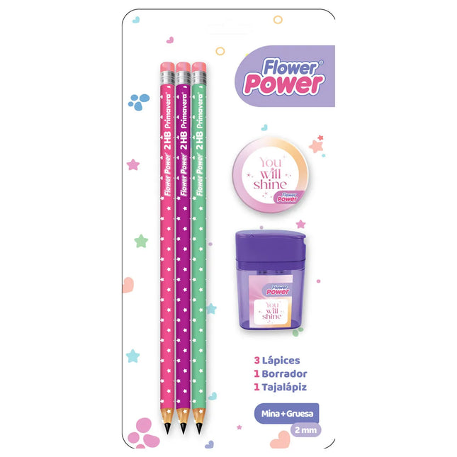 Set Lápices Flower Power x3 | Borrador y Sacapuntas